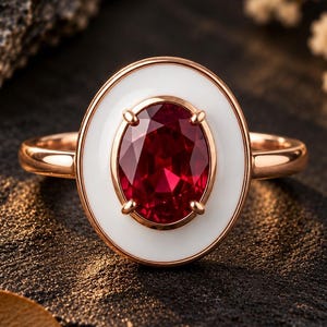 Ruby Statement Ring  Oval Red Gemstone with White Enamel Vintage Rose Gold Style Gift for Her  Anniversary Birthday