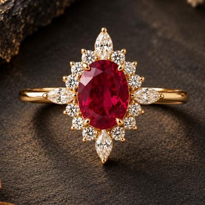 May include: A gold ring featuring a central oval-cut deep red ruby surrounded by a halo of small round diamonds and four marquise-cut diamonds positioned at the top, bottom, and sides of the setting, creating a pointed, star-like silhouette.