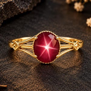 May include: A gold ring featuring an oval-shaped deep red star sapphire gemstone as the centrepiece. The band has a split design with small diamond-shaped accents on each side of the stone, which displays a distinct six-rayed star pattern.