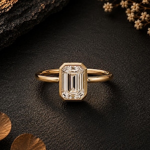 Emerald Cut Moissanite Engagement Ring Bezel Set Gold Solitaire Ring  Minimalist Promise Ring for Her Anniversary Proposal Gift