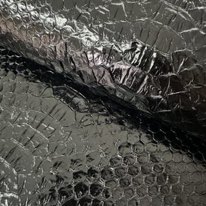 Könnte beinhalten: Eine glänzend schwarze Reptilienhaut mit einem ausgeprägten Schuppenmuster und reflektierender Oberfläche. Die Textur zeigt eine Mischung aus kleinen, runden Schuppen und größeren, länglichen rechteckigen Schuppen. Der Text REPTILE SKIN TANNERY ist sichtbar.