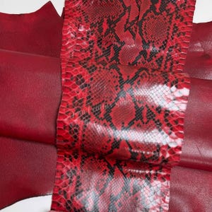 May include: A piece of red leather with a smooth, solid texture layered beneath a strip of red and black snakeskin-patterned leather. The snakeskin section features a distinct, repeating scale texture with a dark, intricate web-like print.