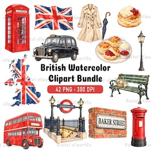 Pode incluir: Uma coleção de ilustrações em aquarela com tema britânico, incluindo uma cabine telefônica vermelha, a bandeira Union Jack, um sobretudo bege, um guarda-chuva preto, scones com geleia e creme, um táxi preto, um mapa do Reino Unido, um poste de luz, um banco de jardim, um ônibus vermelho, uma entrada de metrô, uma placa da Baker Street e uma caixa de correio vermelha.