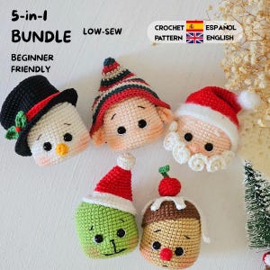 Patrón de ganchillo para adorno de árbol de Navidad de costura baja (paquete de amigurumis) en PDF (tutorial) Inglés Español
