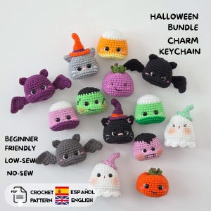 May include: A collection of small, crocheted Halloween-themed figures including bats, ghosts, a pumpkin, a cat, and candy corn. Text reads: HALLOWEEN BUNDLE CHARM KEYCHAIN, BEGINNER FRIENDLY, LOW-SEW, NO-SEW, PDF CROCHET PATTERN, ESPAÑOL, ENGLISH.
