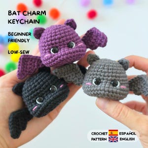 Modèle de porte-clés chauve-souris d'Halloween au crochet, facile à réaliser (amigurumi), tutoriel PDF en anglais et espagnol