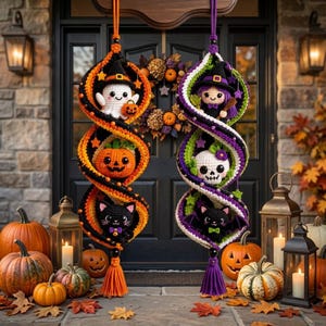 May include: Two vertical crochet spiral decorations featuring Halloween characters. The left spiral includes a white ghost, an orange pumpkin, and a black cat. The right spiral features a purple-haired witch, a white skull, and a black bat.