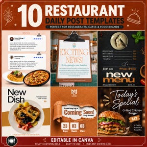 Może przedstawiać: Cyfrowa kolekcja 10 szablonów codziennych postów restauracyjnych zawierająca zdjęcia żywności, układy opinii klientów, projekty menu i ogłoszenia promocyjne z tekstem 10 RESTAURANT DAILY POST TEMPLATES oraz NEW MENU.