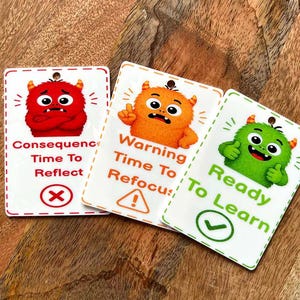 May include: Three rectangular white plastic tags with rounded corners and a hole at the top. The red tag features a monster and text reading Consequence Time To Reflect with an X icon. The orange tag shows a monster and Warning Time To Refocus with a triangle icon. The green tag displays a monster and Ready To Learn with a checkmark icon.