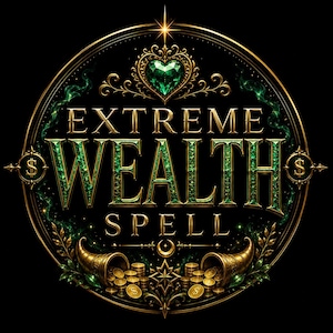 Puede incluir: Un emblema circular con el texto EXTREME WEALTH SPELL en letras doradas y verdes. El diseño incluye una piedra preciosa central en forma de corazón verde, dos cornucopias llenas de monedas de oro y signos de dólar en los lados.