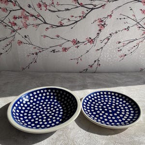 Juego de plato y cuenco de cerámica polaca vintage / Bol para pasta de cerámica Boleslawiec de 23 cm y plato de ensalada de 19 cm / Diseño de lunares azul cobalto con patrón de ojos azules