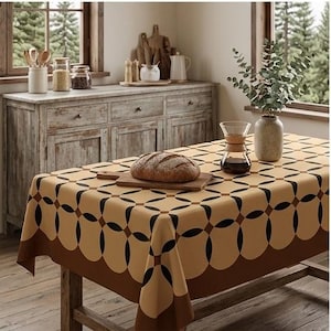 Toalha de mesa retangular em PVC, impermeável, resistente a óleo e calor, com estampa geométrica retrô. Disponível em vários tamanhos para jantares aconchegantes.