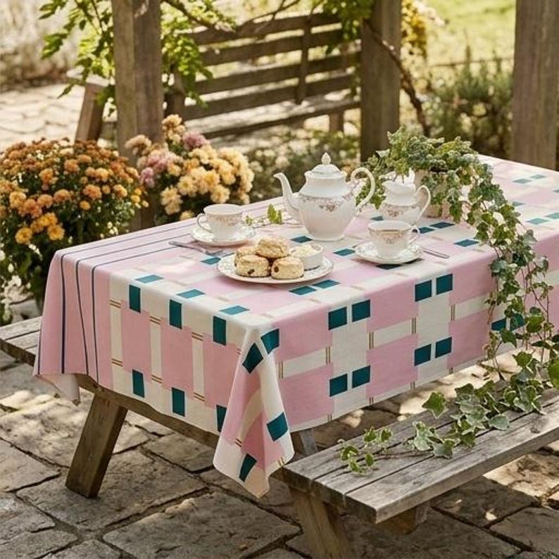 May include: A rectangular tablecloth featuring a geometric pattern of pink, white, and dark teal blocks. The table is set with a white porcelain teapot, two matching teacups on saucers, a small creamer, and a plate of scones on a wooden picnic table.