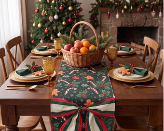 Op de afbeelding: Een donkergroene tafelloper met een patroon van peperkoekmannetjes, zuurstokken en hulstbladeren, afgewerkt met een grote decoratieve strik aan het uiteinde. De loper ligt op een houten tafel met borden, gouden glazen en een fruitmand.