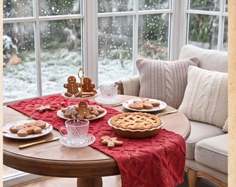 Op de afbeelding: Een ronde houten tafel is gedekt met een rode, getextureerde tafelloper, een gebakken taart in een ronde schaal en diverse peperkoekmannetjes. Op de tafel staan ook glazen kopjes en schoteltjes van helder glas.