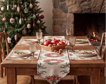 Op de afbeelding: Een crèmekleurige tafelloper en bijpassende placemats met een feestelijk kranspatroon van rode bessen en groen blad. De set bevat borden, glazen met textuur, goudkleurig bestek en een gevlochten mand gevuld met granaatappels.