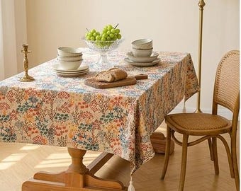 Tafelkleed met bloemenjacquardpatroon, gemaakt van een katoen-linnenmix, dik, antislip, rechthoekig met kwastjes, perfect voor brunchbijeenkomsten.