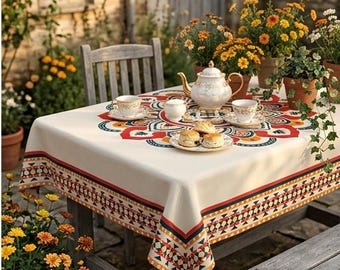 Op de afbeelding: Een rechthoekig tafelkleed met een crèmekleurige basis en een groot, centraal mandala-patroon in rood, blauw en goud. De randen zijn versierd met een geometrische boord in zwart, wit en rood. Een theeservies en scones staan op het kleed.