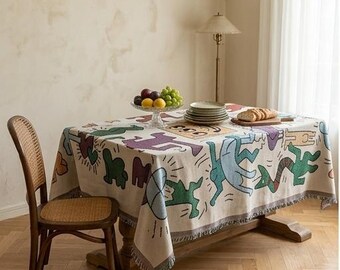 Reversible Boho Woven Tablecloth Fringed Edge Non-slip Polyester Multipurpose for Outdoor Picnic Days