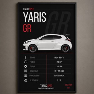 May include: A framed poster featuring a white Toyota Yaris GR in profile. The black background displays the text TRACK SPEC, YARIS GR, and technical specifications including 1.6L G16E-GTS engine, 280 HP, 390 NM torque, GR-FOUR AWD, 6-speed manual, and 0-100 KM/H in 5.2 S.