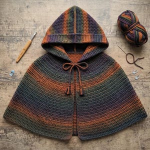 May include: A hooded crochet cape featuring a variegated color palette of orange, purple, and dark green. The garment includes a drawstring closure with tassels at the ends. A wooden crochet hook and a ball of matching yarn are positioned nearby.