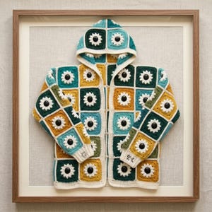 May include: A hooded cardigan constructed from crocheted granny squares featuring a sunflower motif in shades of teal, mustard yellow, and dark green. Each square has a white petal border and a black center. Small sun and moon icons are embroidered.