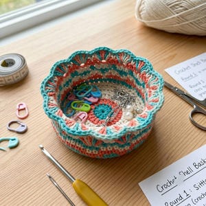 Op de afbeelding: Een ronde, met de hand gehaakte kom met een geschulpte rand en een gestreept patroon in crème, koraal en turquoise garen. De binnenkant bevat een zilverkleurige ketting met witte kralen en diverse kleurrijke plastic steekmarkeerders.