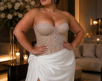 Haut corset beige à sequins grande taille - Haut corset de mariée en perles
