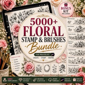 May include: A digital product bundle for Procreate featuring 5000+ floral stamps and brushes. The circular graphic displays the text 5000+ FLORAL STAMP & BRUSHES Bundle, with smaller panels showing various black and white floral illustrations.