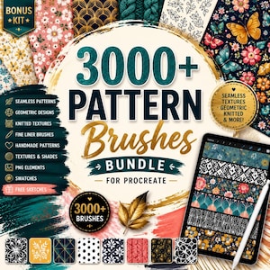 May include: A digital product bundle for Procreate featuring 3000+ pattern brushes, geometric designs, knitted textures, and fine liner brushes. The graphic includes text overlays, a tablet displaying pattern samples, and a stylus on a colourful background.