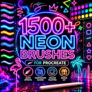 May include: A digital graphic featuring the text 1500+ NEON BRUSHES FOR PROCREATE in glowing neon letters. The image displays various neon brush strokes, geometric shapes, a flamingo, a palm tree, and a stylus on a dark background.
