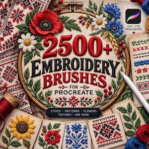 May include: A wooden embroidery hoop containing fabric with the text 2500+ EMBROIDERY BRUSHES FOR PROCREATE, surrounded by embroidered red poppies, blue cornflowers, white daisies, and green leaves, with additional fabric swatches and a stylus.