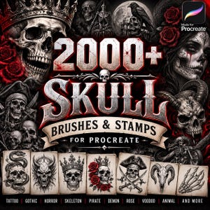 May include: A digital collection of 2000+ skull brushes and stamps for Procreate featuring dark imagery including skulls, skeletons, roses, pirates, demons, and animals. The text reads 2000+ SKULL BRUSHES & STAMPS FOR PROCREATE and lists categories.