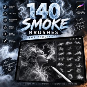 May include: A digital product set featuring 140 smoke brushes for Procreate. The display shows a tablet screen with a black and white illustration of a person surrounded by smoke, alongside a grid of various smoke brush stroke examples.