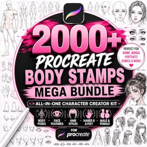 May include: A digital art resource bundle for Procreate featuring over 2000 body stamps. The graphic includes text reading 2000+ PROCREATE BODY STAMPS MEGA BUNDLE, ALL-IN-ONE CHARACTER CREATOR KIT, and FOR PROCREATE, surrounded by various line art sketches.