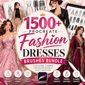 Op de afbeelding: Een digitaal productpakket voor Procreate met 1500+ modejurk penselen. De ronde afbeelding toont de tekst 1500+ PROCREATE Fashion DRESSES BRUSHES BUNDLE, CLOTHING STAMPS FOR FASHION DESIGN & OUTFIT SKETCHING en bevat een digitale styluspen.
