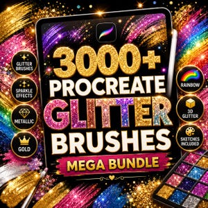 Puede incluir: Una pantalla de tableta digital que muestra el texto 3000+ PROCREATE GLITTER BRUSHES MEGA BUNDLE en texturas de purpurina dorada y multicolor. La pantalla presenta iconos circulares para pinceles de purpurina, metálicos y arcoíris.