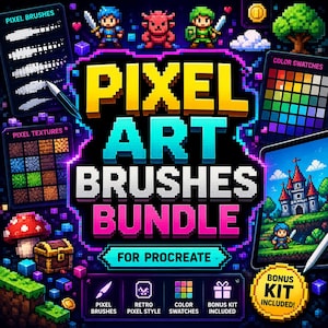 May include: A digital asset bundle for Procreate titled PIXEL ART BRUSHES BUNDLE FOR PROCREATE. The graphic features pixelated characters, a castle, a treasure chest, and a mushroom. It includes panels for pixel brushes, textures, and colour swatches.