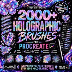 Pode incluir: Um pacote de produtos digitais com mais de 2000 pincéis holográficos para Procreate. O gráfico exibe texturas iridescentes multicoloridas vibrantes, formas cintilantes e ilustrações de cristais em um fundo preto com tablet e caneta.