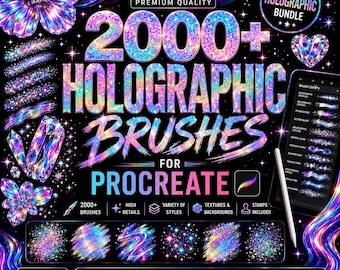Könnte beinhalten: Ein digitales Produktpaket mit über 2000 holografischen Pinseln für Procreate. Die Grafik zeigt lebendige, mehrfarbige, irisierende Texturen, funkelnde Formen und Kristallillustrationen auf einem schwarzen Hintergrund mit Tablet und Eingabestift.