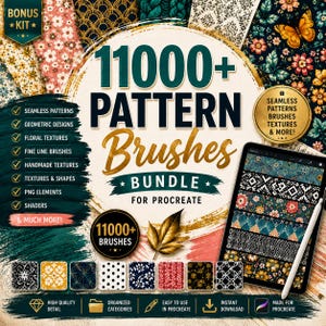 Puede incluir: Un paquete de productos digitales para Procreate que incluye más de 11000 pinceles de patrones, texturas y elementos PNG. La imagen muestra el texto 11000+ PATTERN Brushes BUNDLE FOR PROCREATE con varios ejemplos de patrones florales y geométricos.
