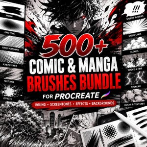 500+ Procreate Comic and  Manga Brushes | Anime Brush Bundle | Inking, Screentone, Sketch, Effects and Background Brushes