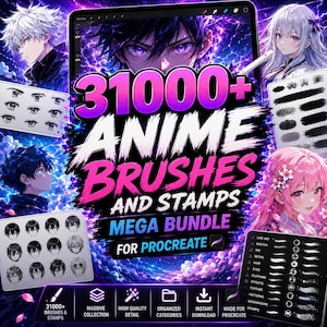 May include: A digital product display featuring 31000+ Anime Brushes and Stamps Mega Bundle for Procreate. The graphic includes various anime character illustrations, eye sets, hair styles, and brush stroke samples against a vibrant purple background.