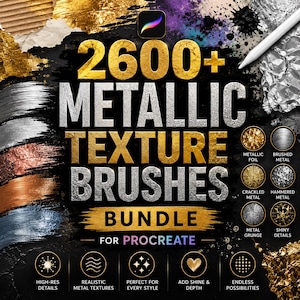 Może przedstawiać: Cyfrowy zestaw produktów do Procreate zawierający ponad 2600 pędzli o metalicznych teksturach. Grafika przedstawia złote i srebrne pociągnięcia pędzla, rysik oraz sześć okrągłych ikon prezentujących tekstury folii metalowej, szczotkowanego metalu.
