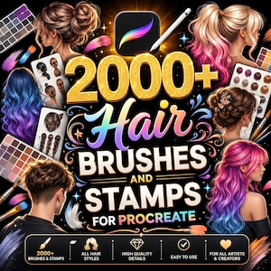 Könnte beinhalten: Eine digitale Sammlung von 2000+ Haar-Pinseln und Stempeln für Procreate, mit verschiedenen illustrierten Frisuren in leuchtenden Farben, Make-up-Paletten und Kunstwerkzeugen auf schwarzem Hintergrund mit dem goldenen Text 2000+ Hair Brushes and Stamps.