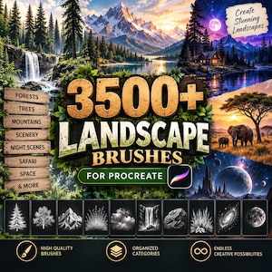May include: A digital product advertisement for 3500+ landscape brushes for Procreate. The image features a collage of nature scenes including mountains, forests, waterfalls, and space, with a wooden sign listing categories and brush icons.