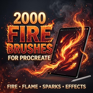 May include: A digital tablet displaying a vibrant fire graphic, accompanied by a stylus. The text reads 2000 FIRE BRUSHES FOR PROCREATE, FIRE, FLAME, SPARKS, EFFECTS, set against a dark background with swirling orange and yellow flames.