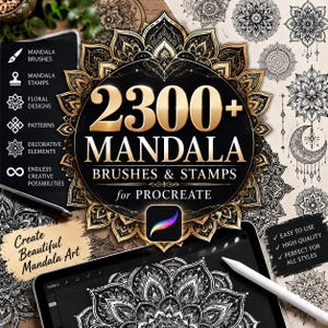 May include: A digital collection of 2300+ mandala brushes and stamps for Procreate, featuring black and gold circular graphics, intricate floral designs, patterns, and decorative elements displayed on a tablet screen with a stylus.