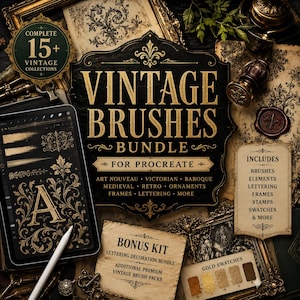 May include: A digital product bundle for Procreate titled Vintage Brushes Bundle, featuring gold text on a black ornate plaque. The set includes brushes, elements, lettering, frames, stamps, and swatches, with a bonus kit and gold swatches included.