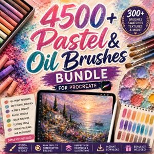 Op de afbeelding: Een digitale kunstbundel voor Procreate met 4500+ pastel- en olieverfkwasten, texturen en stalen. De afbeelding toont kleurrijke krijtpastels, penselen, een palet met olieverf en een tablet met daarop een landschapsschilderij.